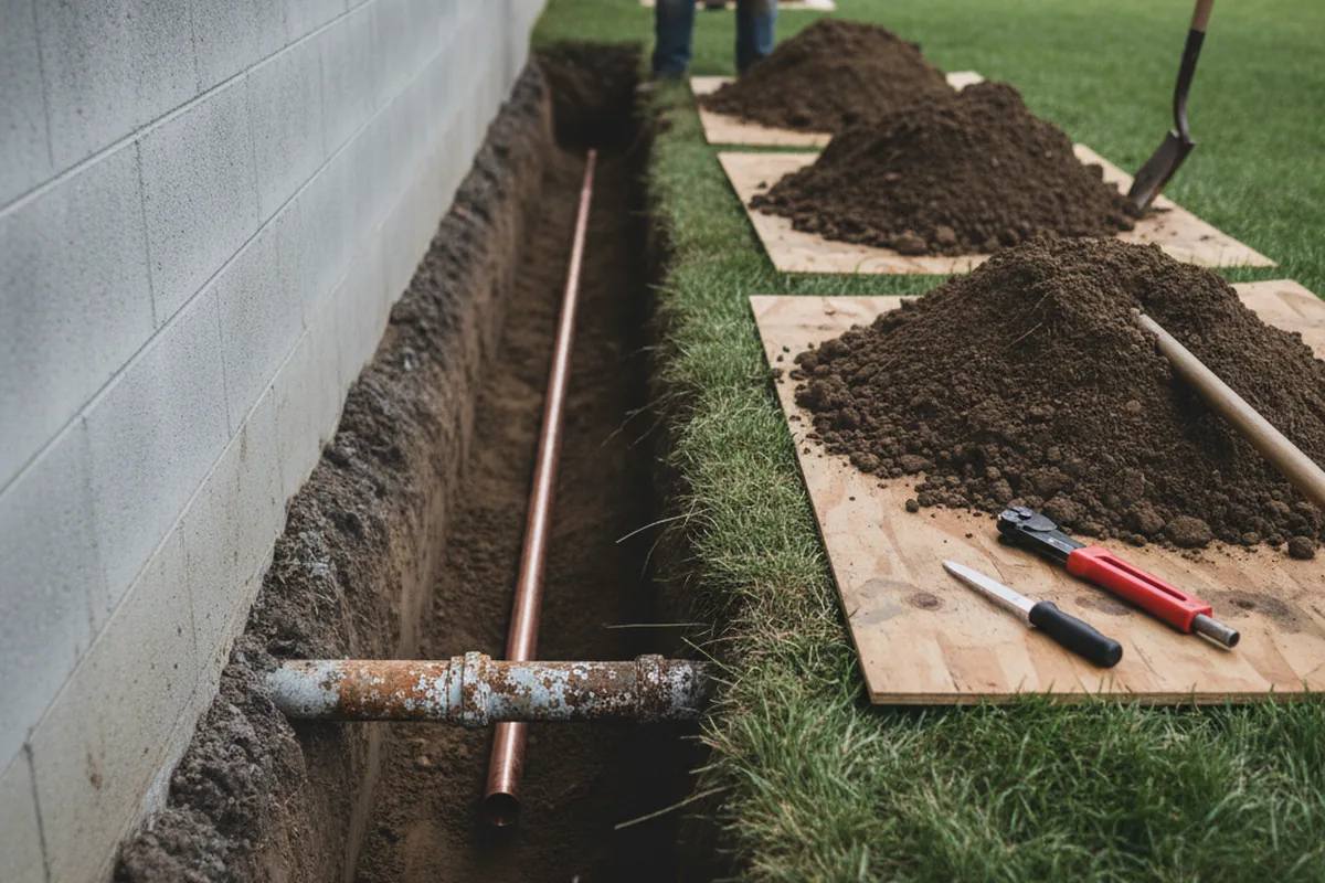 Excavated water line trench during Water Heater Repair in Sunset Beach